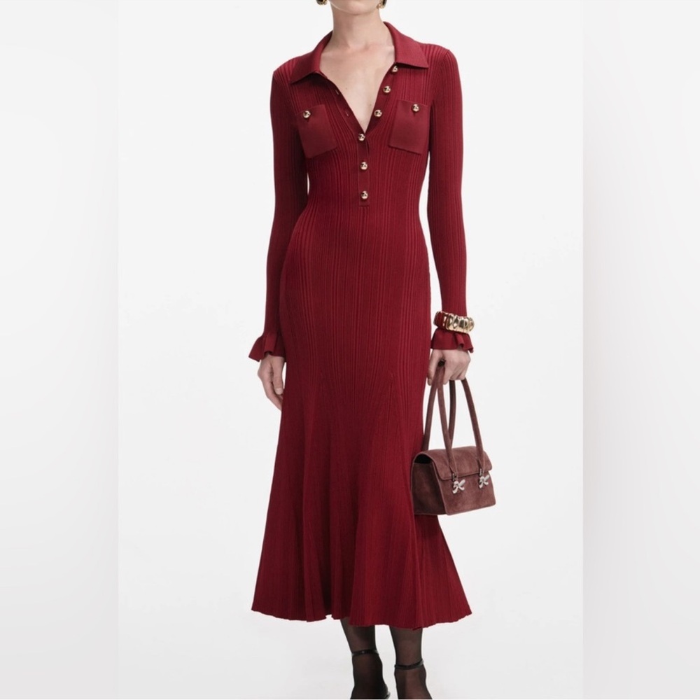 Self-Portrait Burgundy Long-Sleeve Ribbed Midi Dress